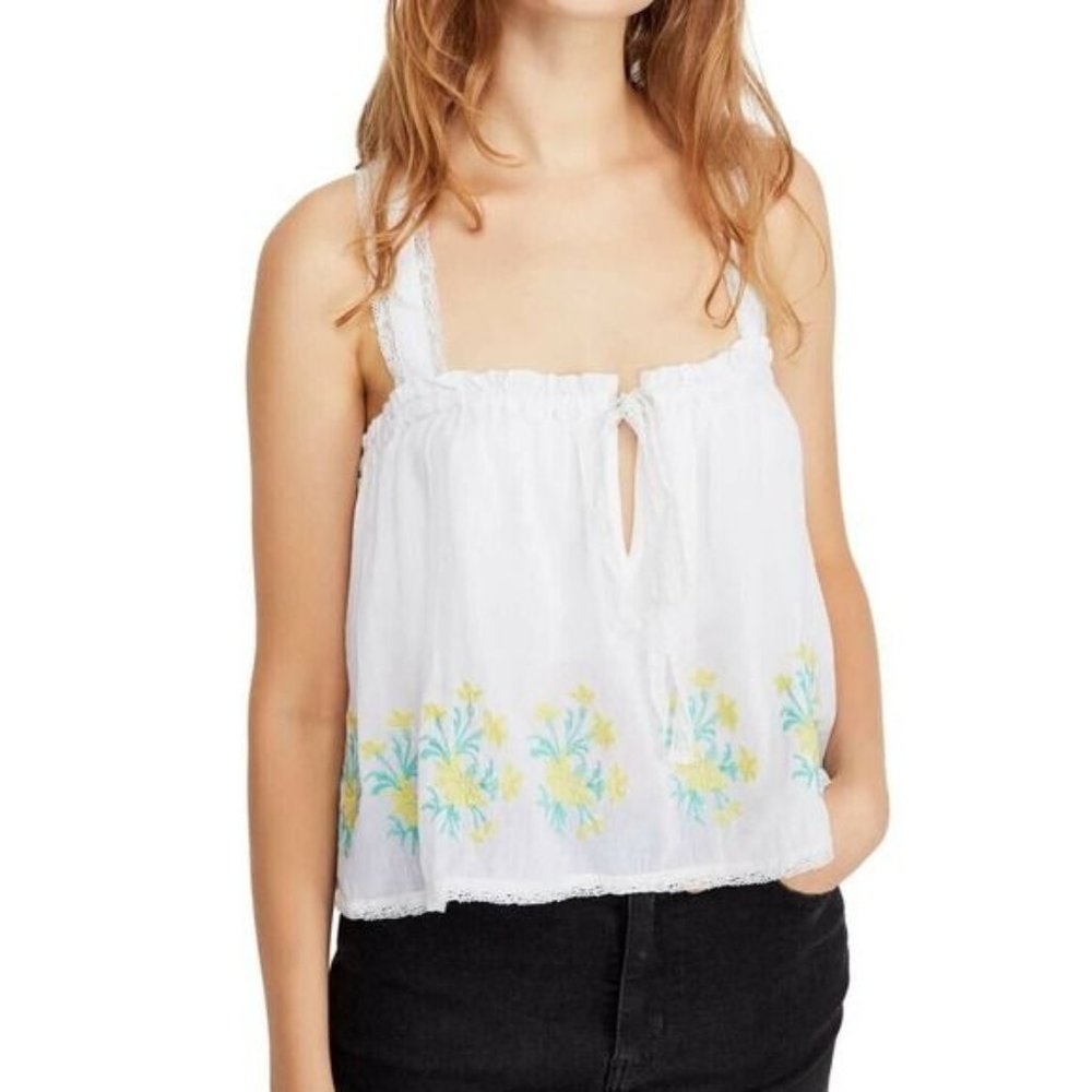 Free People women's small white embroidered sleeveless crop top floral blouse